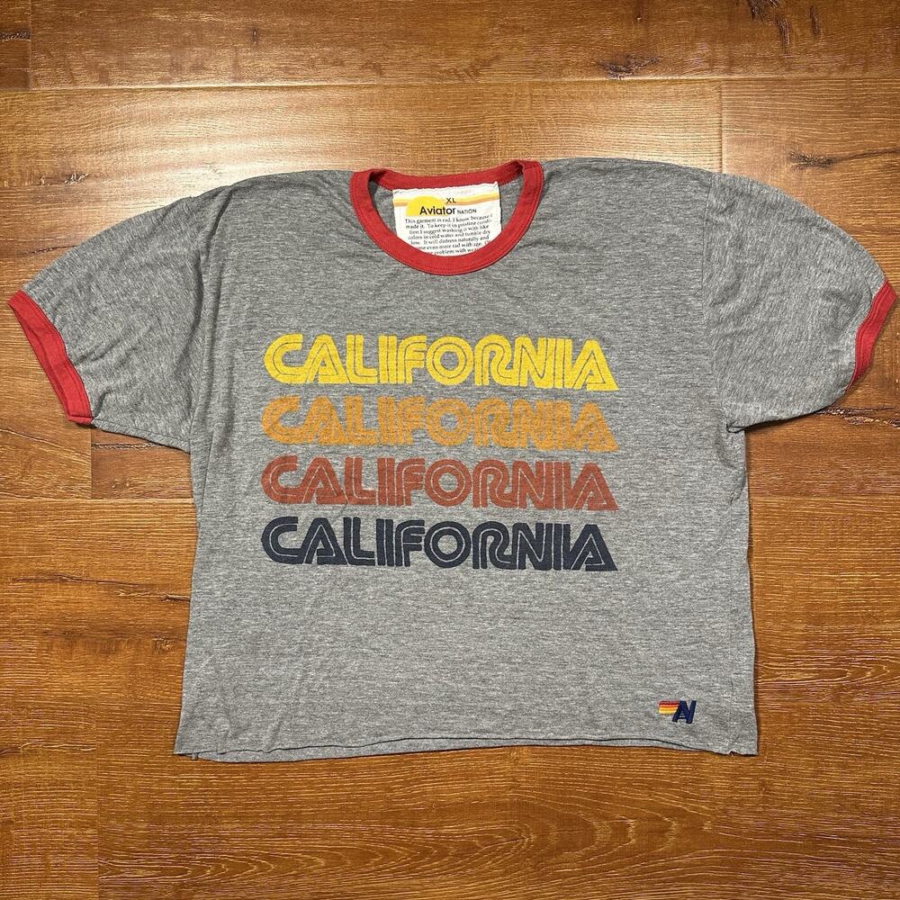 Aviator Nation Ringer T Shirt Womens XL Gray Short Sleeve California Retro USA